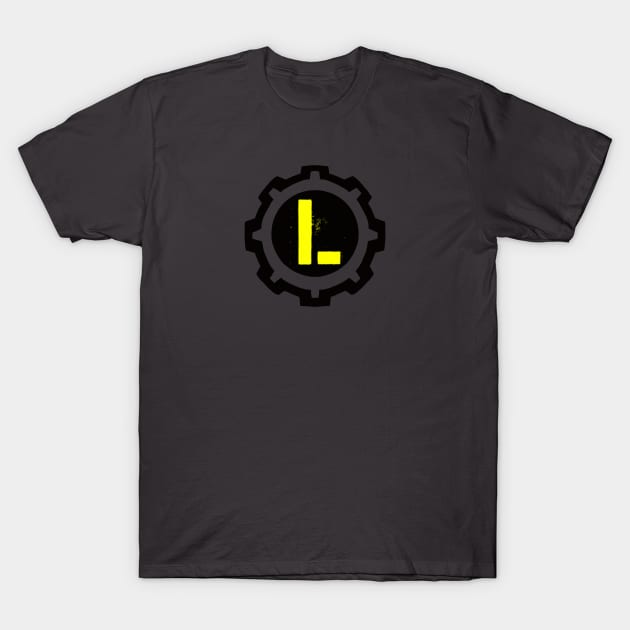 Yellow Letter L in a Black Industrial Cog T-Shirt by MistarCo